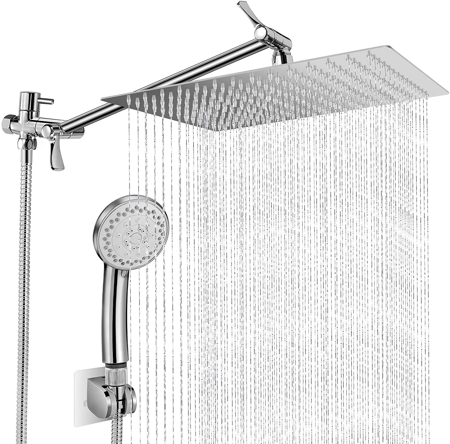 10'' 3 Setting Dual Rainfall Shower Head Combo High Pressure Bath Handheld Tool 
